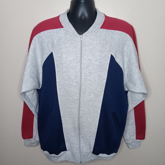 VTG 80s Active Wear Men's XL Sweatshirt Full Zip Fleece Track Jacket Colorblock - Picture 1 of 7